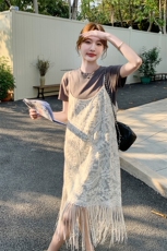 巨好看蕾丝吊带叠穿T恤连衣裙套装女夏季2025新款两件套穿搭裙子，女装套装/套裙，帛锦泉