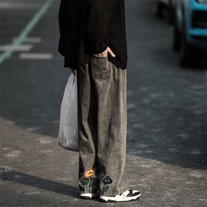 阔腿裤男直筒牛仔裤女ins高街直筒宽松中性情侣潮牌长裤N8011-P45图片