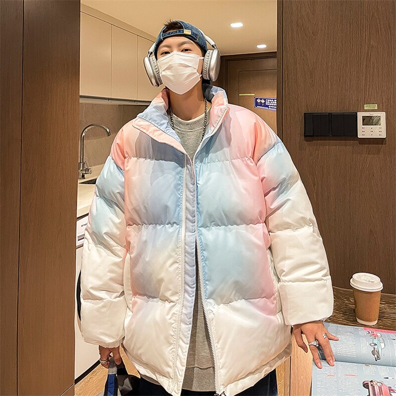 特批50无差价港风扎染渐变外套男士加厚保暖大码抽绳立领棉衣M08图片