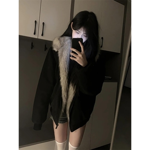 现货重磅硬挺boxy羽绒棉衣座山雕猫耳大毛毛领麂皮棉服冬外套图片