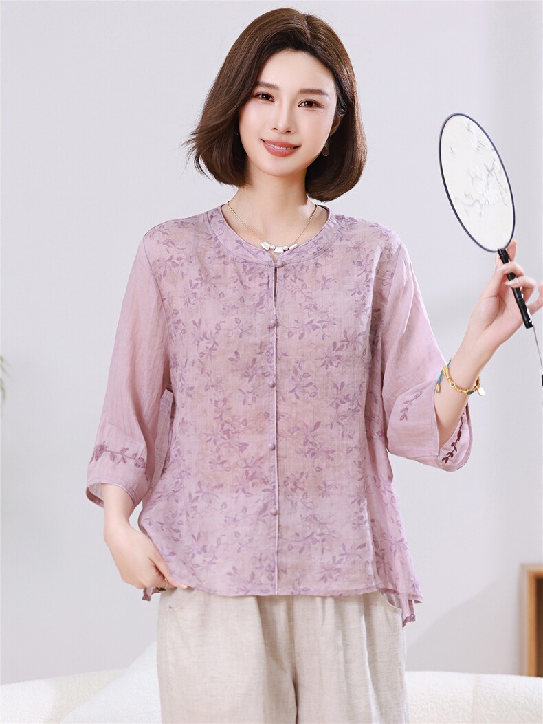 2026夏季苎麻新款碎花衬衫女七分袖中式休闲气质小衬衫,女装衬衫,忆绮罗