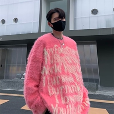 HY7035-P53美式男女潮牌毛衣秋冬款复古马海毛慵懒风圆领针织衫，男装针织衫/毛衣，电商C233