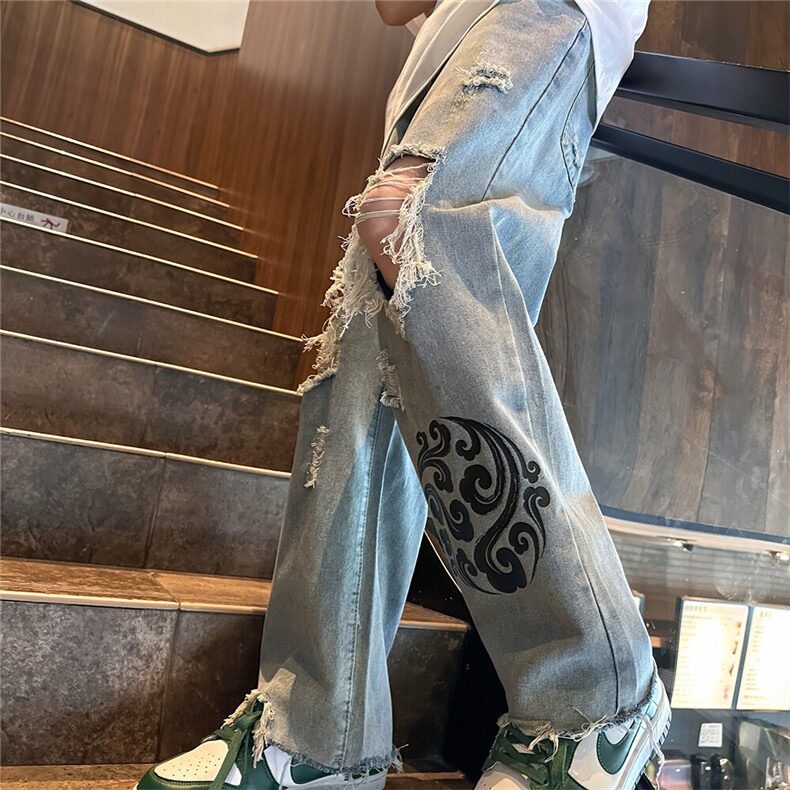 k1080-p55-控78 M-5XL 现货oversize cleanfit风黄泥牛仔裤破洞图片