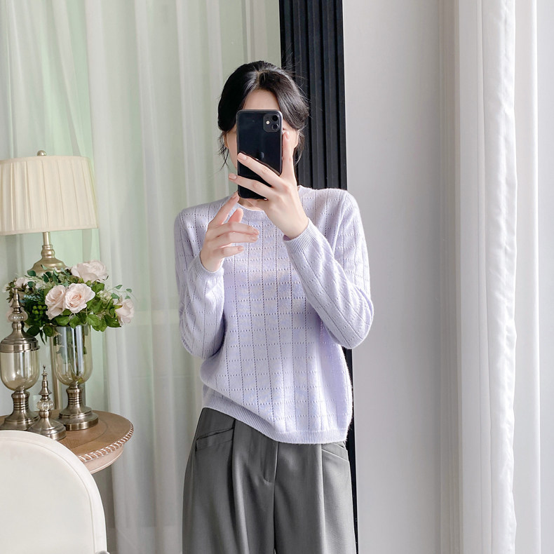 2025年秋季新款百搭女士纯色圆领长袖针织衫，女装针织衫/毛衣，织纯羊绒