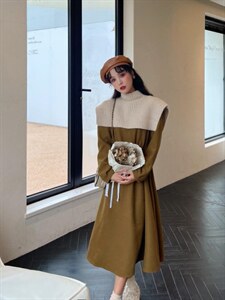 带披肩净色加厚连衣裙,女装连衣裙,安玖拉