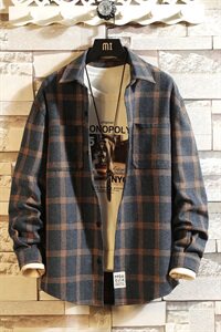 2021日系白墙风秋季新大码男格子纽扣宽松翻领衬衫C508-P40图片
