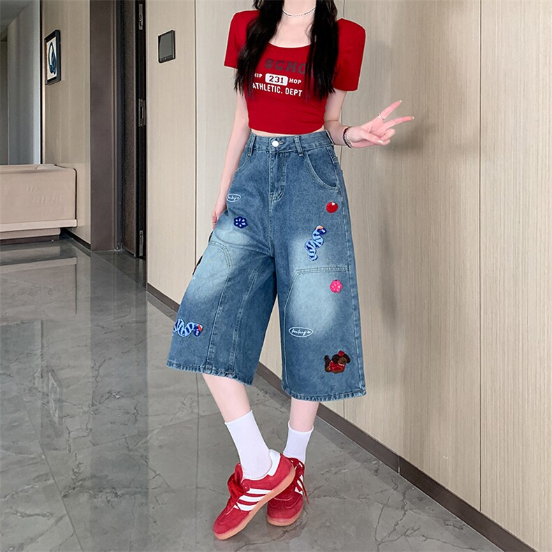 AK2290-P50趣味刺绣牛仔七分裤女夏季新款做旧水洗直筒裤,女装休闲裤,星座617A-2