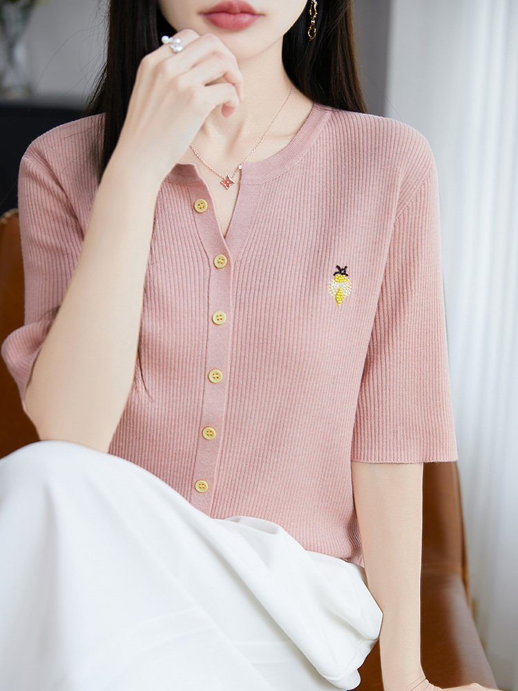 V领其他修身型夏季五分袖宽松显瘦冰丝T恤上衣,女装T恤,暖圣羊羊绒