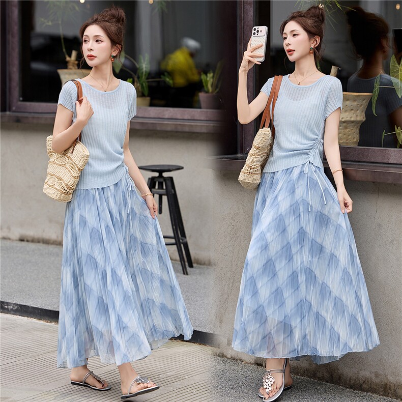 现货新款2026年夏季时尚设计感抽绳上衣半身裙套装，女装套装/套裙，蓝诺裳