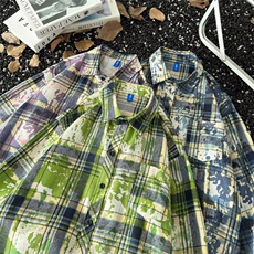 简约美式潮牌复古扎染格子衬衫男新款气质潮流原宿日系CY1149-P35，男装衬衫，星座412-2