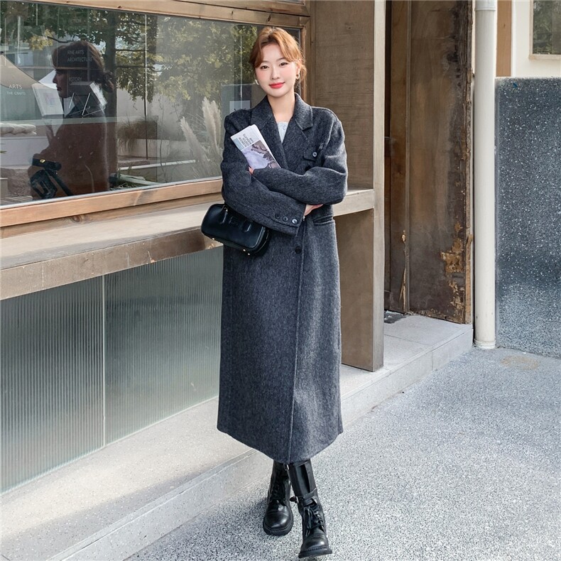 灰色西装领双面羊绒大衣女2025冬新款高级感经典大气长款毛呢外套,女装羊绒大衣,2C168