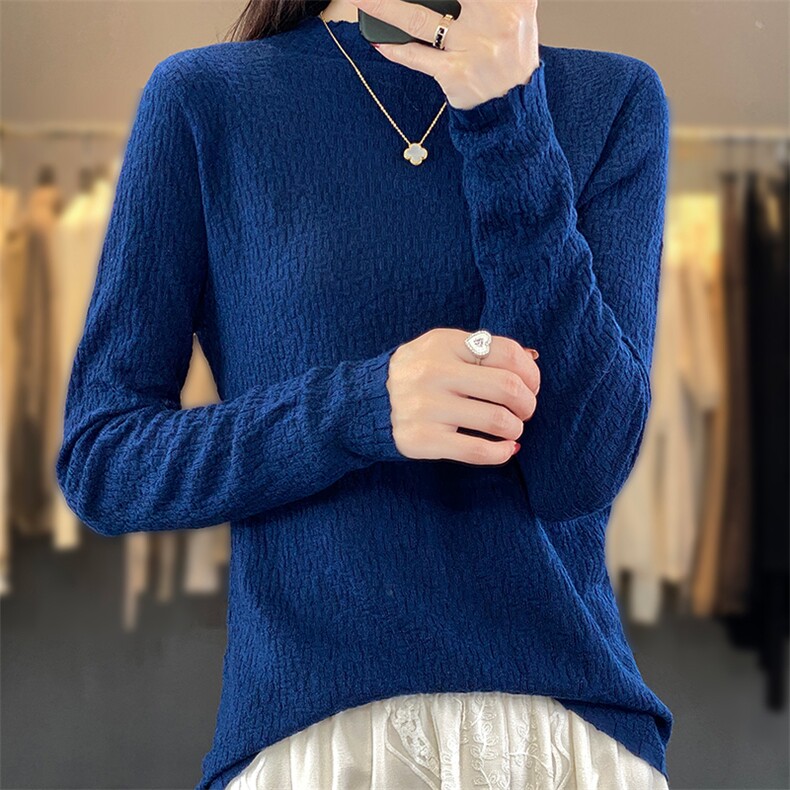 秋冬新款半高领纹理精纺羊毛衫女针织打底衫宽松显瘦纯色套头长袖,女装羊毛衫,越洋羊