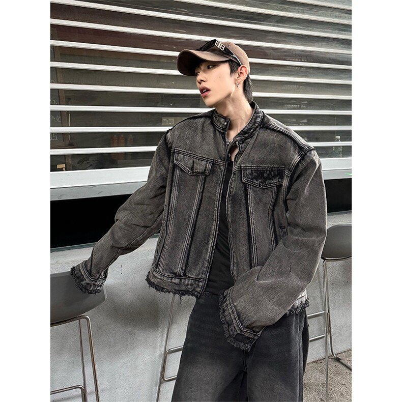 【自家图】现货春季美式毛边牛仔外套欧美街头垫肩复古短款夹克，男装工装外套，星座301D-2(原星座1004-1）