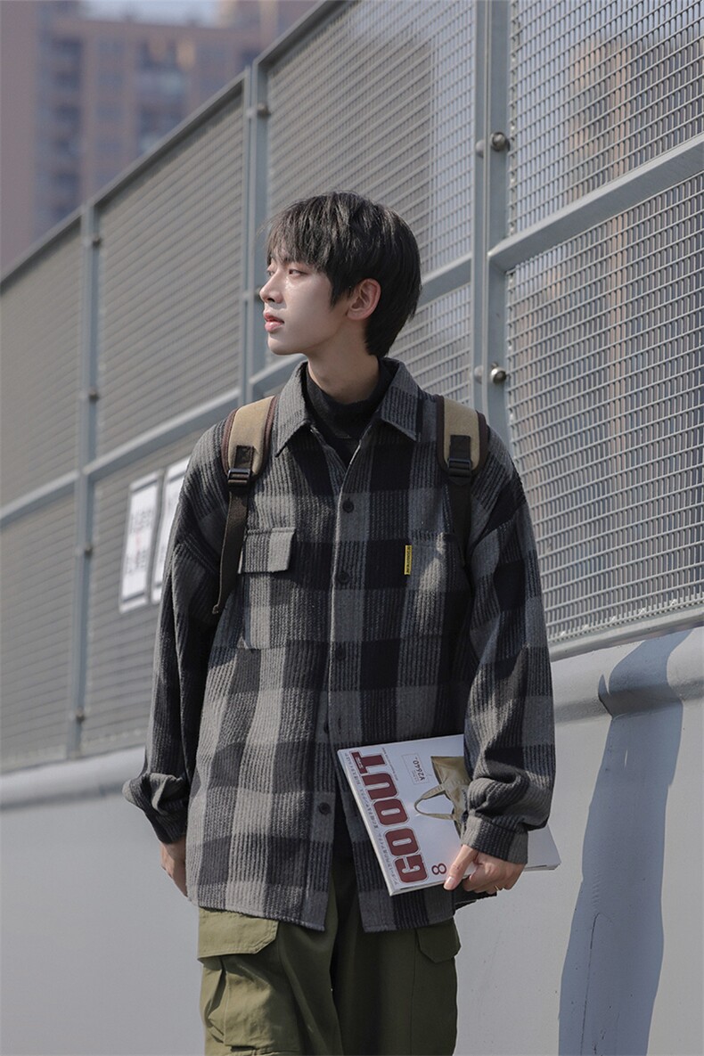 秋冬cityboy格子外套长袖衬衫宽松港风日系衬衣男DX183P6088,男装衬衫,电商B413-1