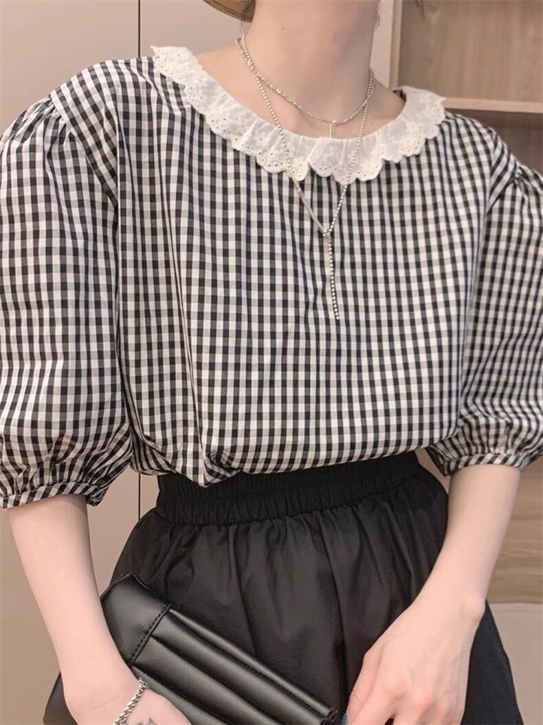蕾丝格子衬衫，女装衬衫，依多坊