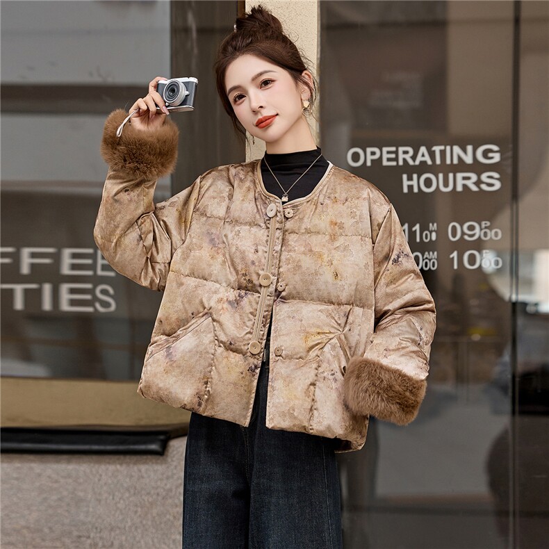 新中式90提花羽绒服2025年冬季新款高级感优雅气质白鸭外套,女装羽绒服,玖莱伊