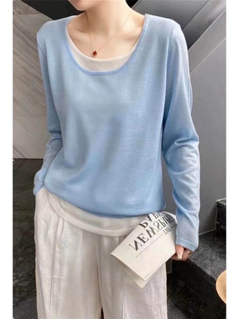 时尚假两件圆领针织衫女春秋显瘦羊毛打底衫薄款宽松套头毛衣,针织衫/毛衣,千御纺羊绒