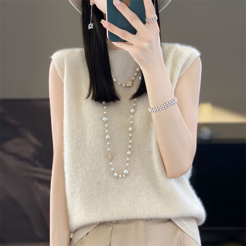 羊毛衫女士秋季新款简约百搭一线成衣圆领背心,女装背心吊带,暖娇绒