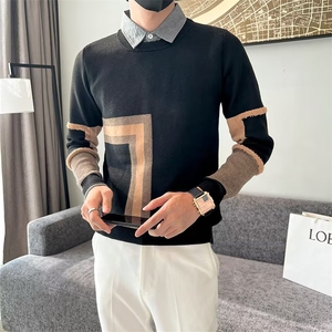 假两件衬衫领毛衣秋冬男士轻熟风休闲线衣Y3347P65图片
