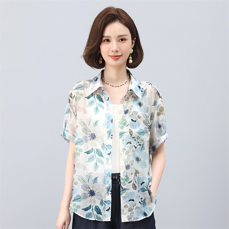 叶笙衣2552衬衫领短袖印花上衣,女装衬衫,叶笙衣