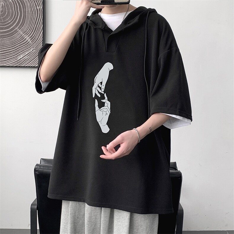 LD54147-P45 连帽短袖t恤男大码胖子带帽五分袖中袖 大皂风图片