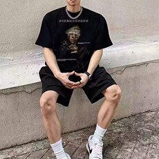潮牌美式大码短袖男t恤夏季复古街头人物印花重磅纯棉半袖上衣，男装T恤，星座516A