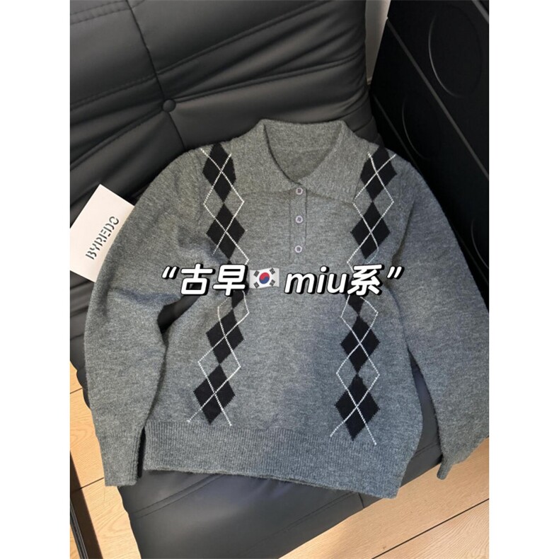 菱格针织Polo阿尔盖提花针织衫miu系长袖【换毛料仿款ZZS144p65,男装Polo衫,电商D256-3(原A064-3)