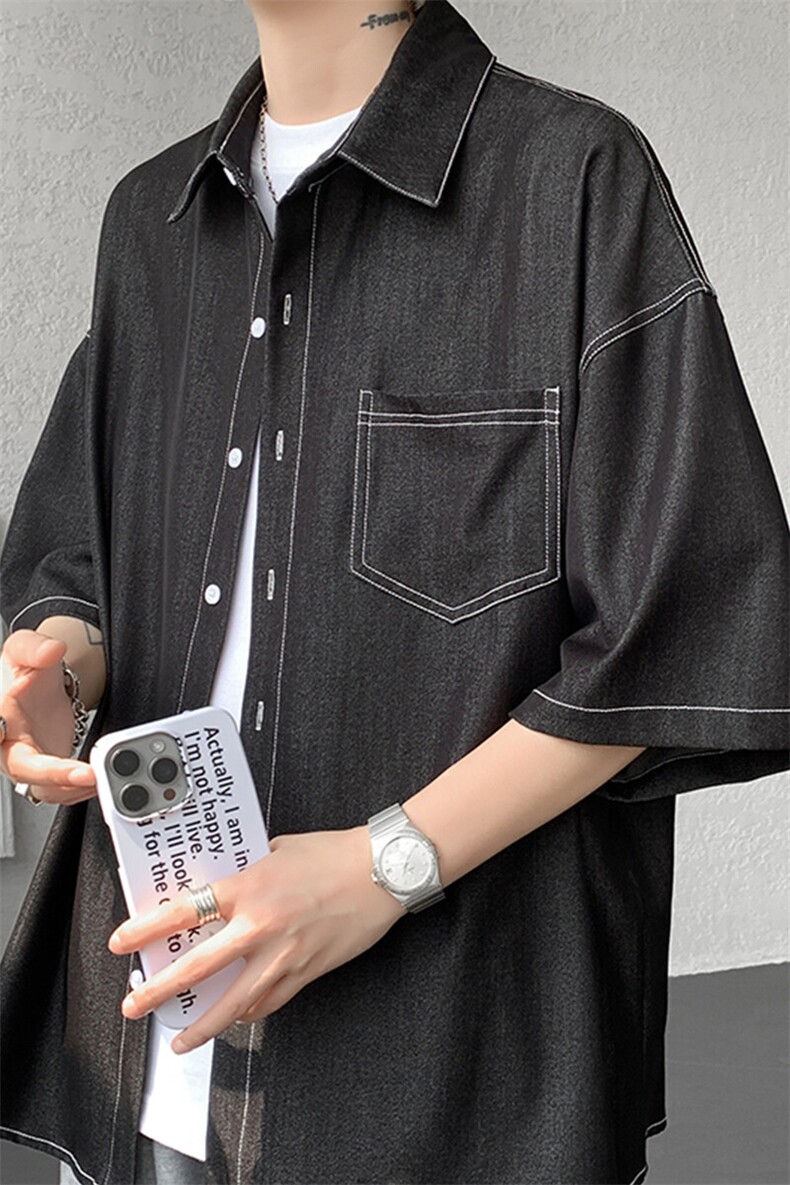 8XL-M冰丝牛仔短袖衬衫男款夏季薄款宽松慵懒衬衣外套DC28006P60,男装T恤,电商B312