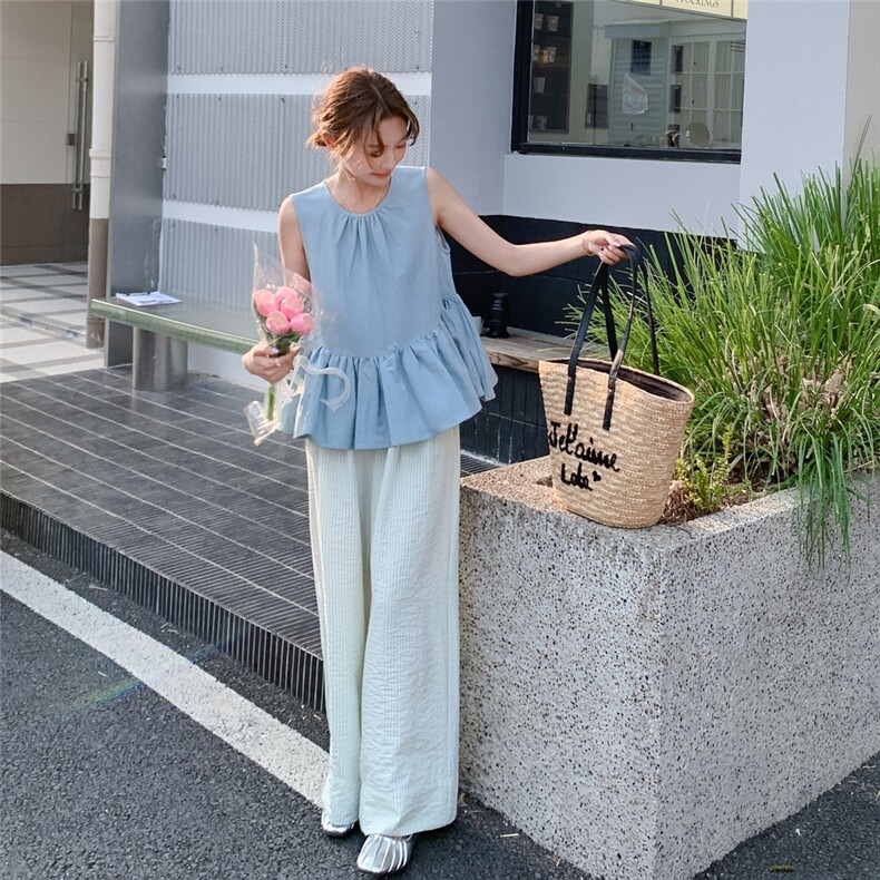 盐甜系穿搭花边无袖背心套装夏新款女休闲显瘦肌理感阔腿裤两件套,女装套装/套裙,2C203