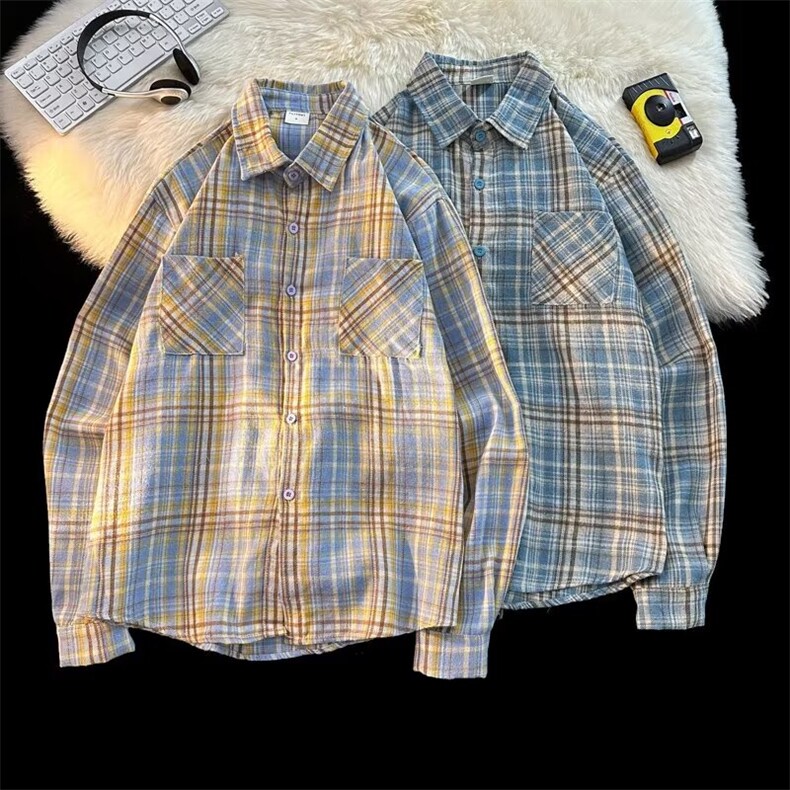 格纹美式复古衬衫男款外穿春秋格子衫内搭叠穿青少年衬衣，男装衬衫，星座410-7