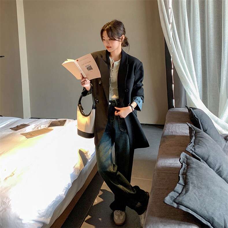 高级感拼接黑色西装外套女2025春秋新款设计感双排扣宽松百搭西服,女装西装,2C098