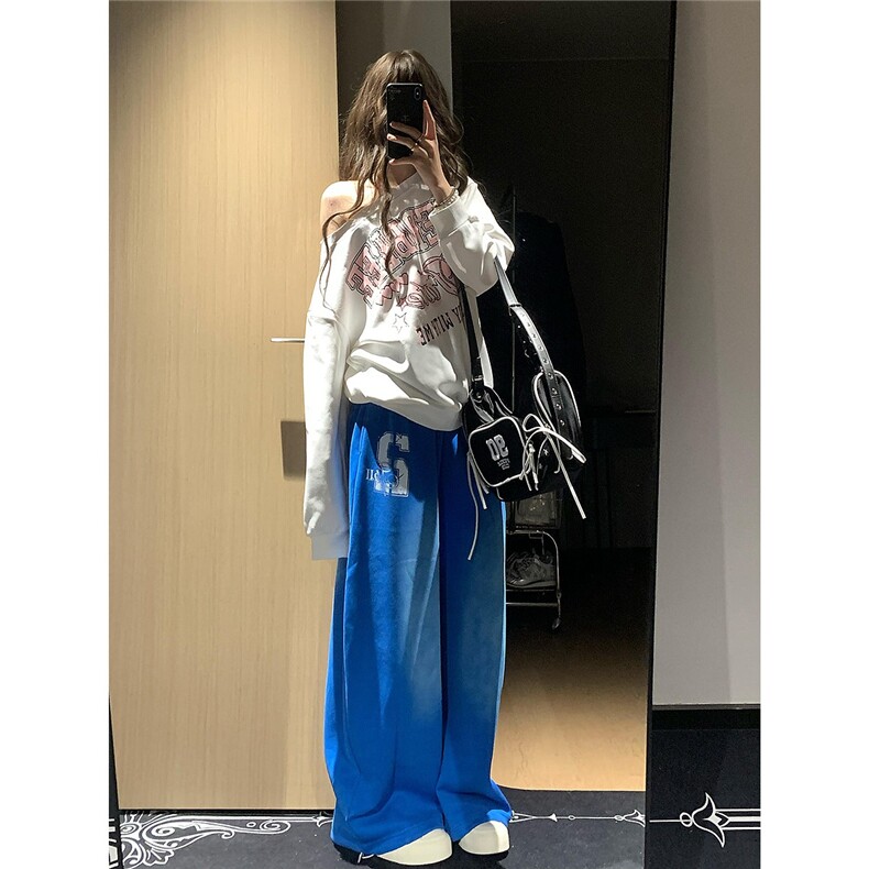 【现货】D5323-特批43美式复古水洗渐变蓝色阔腿抽绳男女运动裤潮,女装休闲裤,星座603-2
