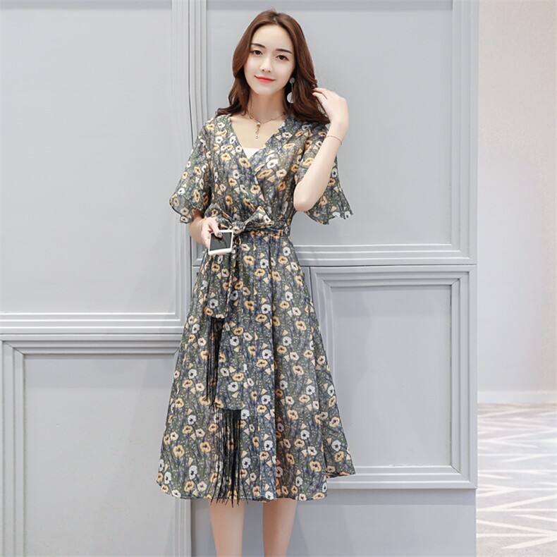 连衣裙2020年夏季长裙时尚显瘦修身花色潮流优雅简约V领,女装连衣裙,众宇琦