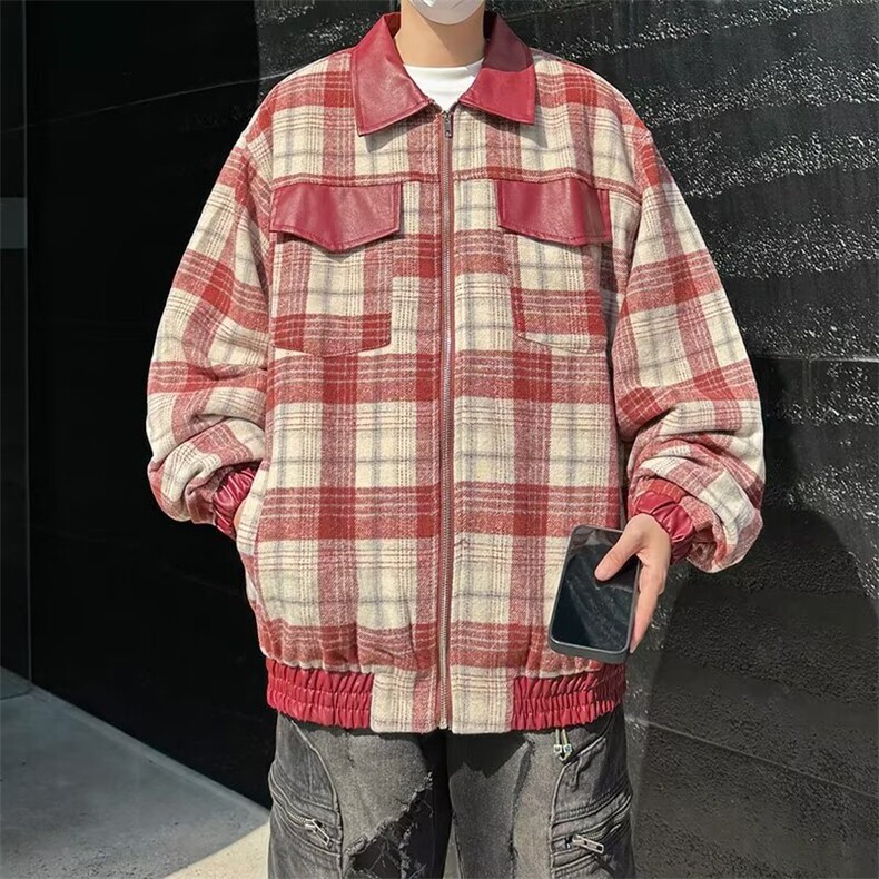 秋冬款男条纹格子夹克皮拼接多口袋夹克衫外套JK233P75,男装夹克,星座1013-1