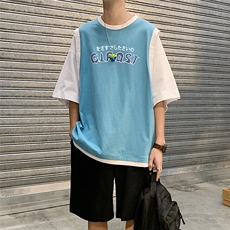 夏季港风韩版宽松圆领假两件T恤百搭短袖上衣男T532P35控48，男装T恤，电商A268A