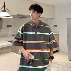 美式条纹短袖polo衫男女大码M-5XL港风翻领短袖T恤DP77010P50控78，男装Polo衫，星座227-7