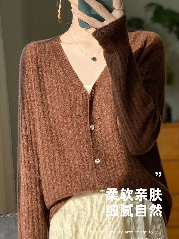 【正品清仓】V领100羊毛针织开衫短款上衣宽松提花春秋毛衣外搭,针织衫/毛衣,佑昭祥羊绒