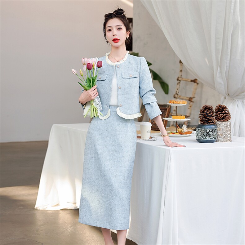 现货小香风2023年春季新款潮流高级有范显瘦收腰优雅甜美两件套,女装套装/套裙,火爆靓佳人