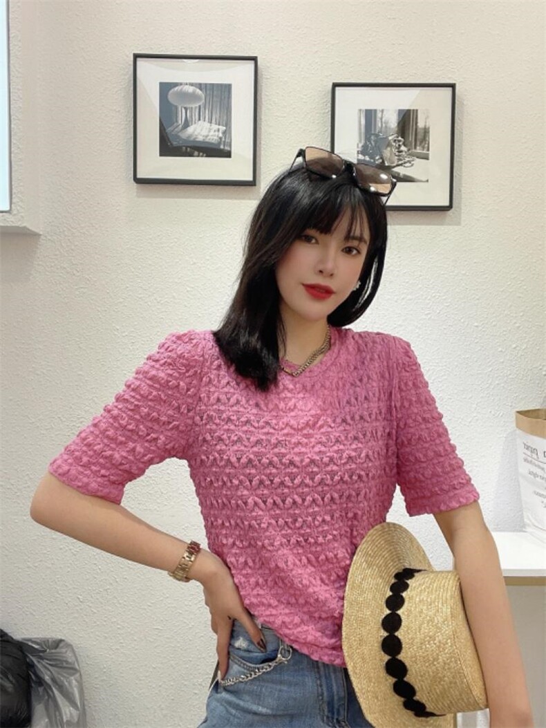 夏季法螺纹镂空蕾丝上衣，女装，色调轩