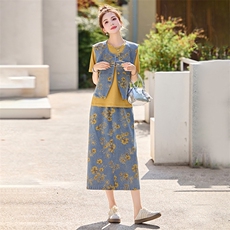 新中式盘扣牛仔套装裙女2025年夏季新款复古印花半身裙两件套，女装套装/套裙，关键词
