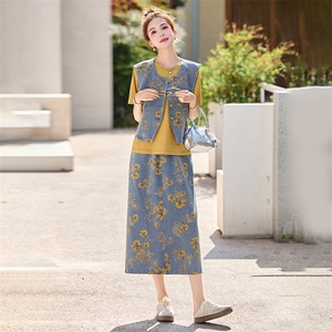 新中式盘扣牛仔套装裙女2025年夏季新款复古印花半身裙两件套图片