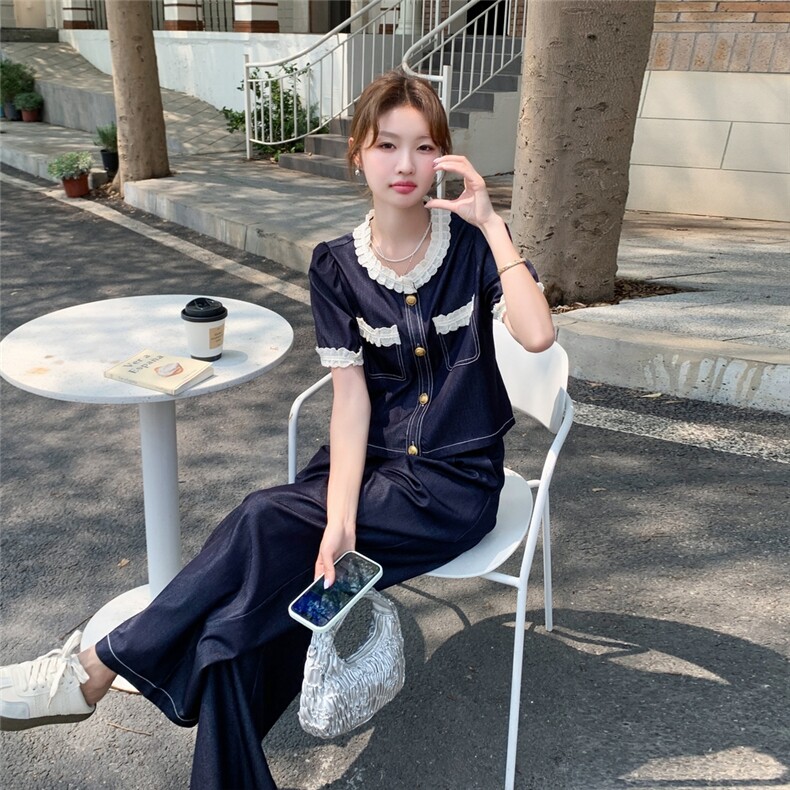蓝色短袖牛仔套装女2025夏季新款今年流行穿搭一整套装长裤两件套,女装套装/套裙,2C129