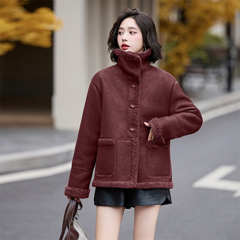 皮毛一体羊羔毛外套女短款2024新款秋冬季加绒机车服加厚皮夹克，女装羊羔毛/颗粒绒，美拉德工厂直营店