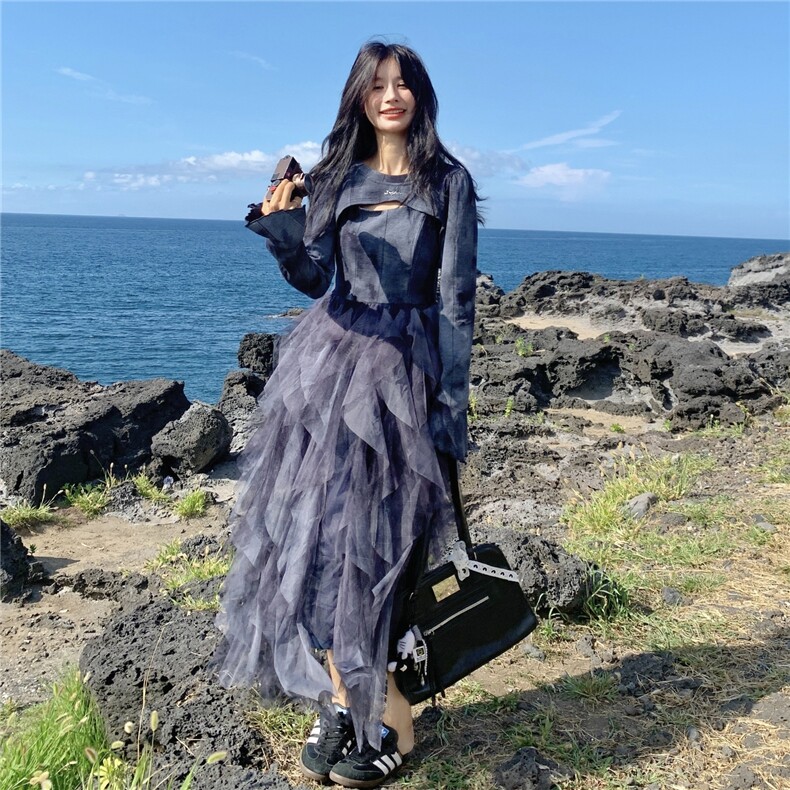 小清新不规则网纱吊带连衣裙套装女春秋2025新款独特超好看长裙子,女装套装/套裙,2C012