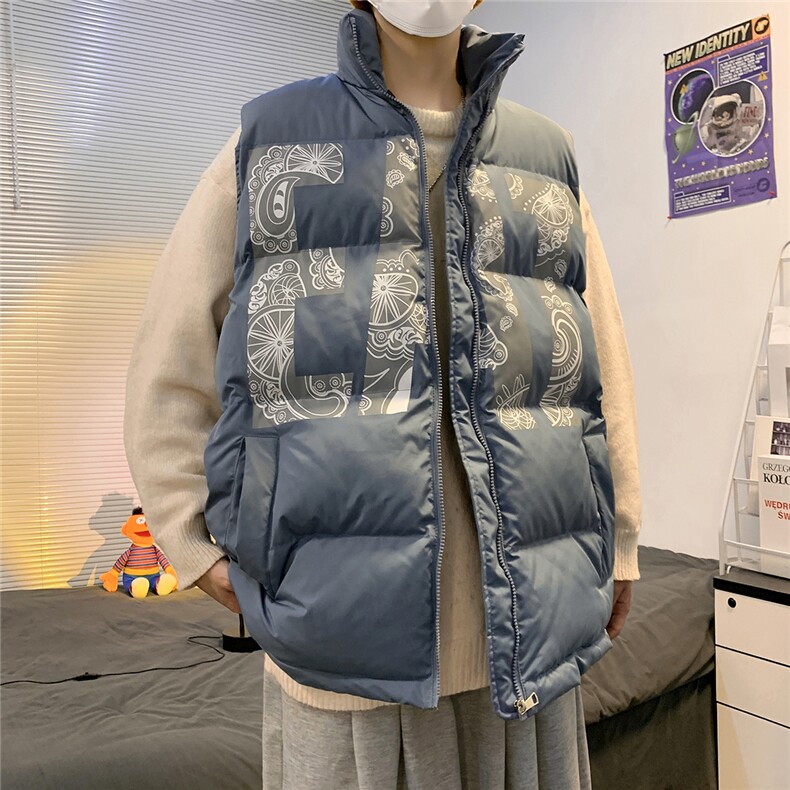2026秋冬宽松立领印花羽绒棉马甲背心手塞棉MJ17500/P75蓝色,男装背心/马甲,电商A094