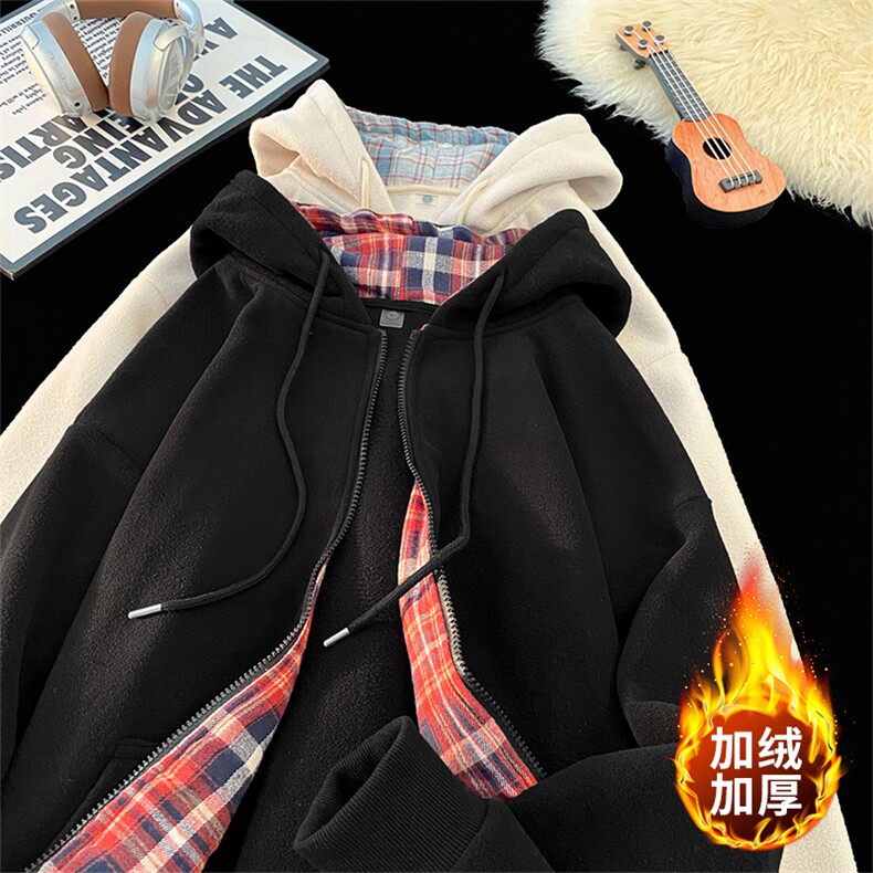 毛毯风摇粒绒格子开衫连帽卫衣宽松加绒冬潮牌外套 A436-113-P60图片