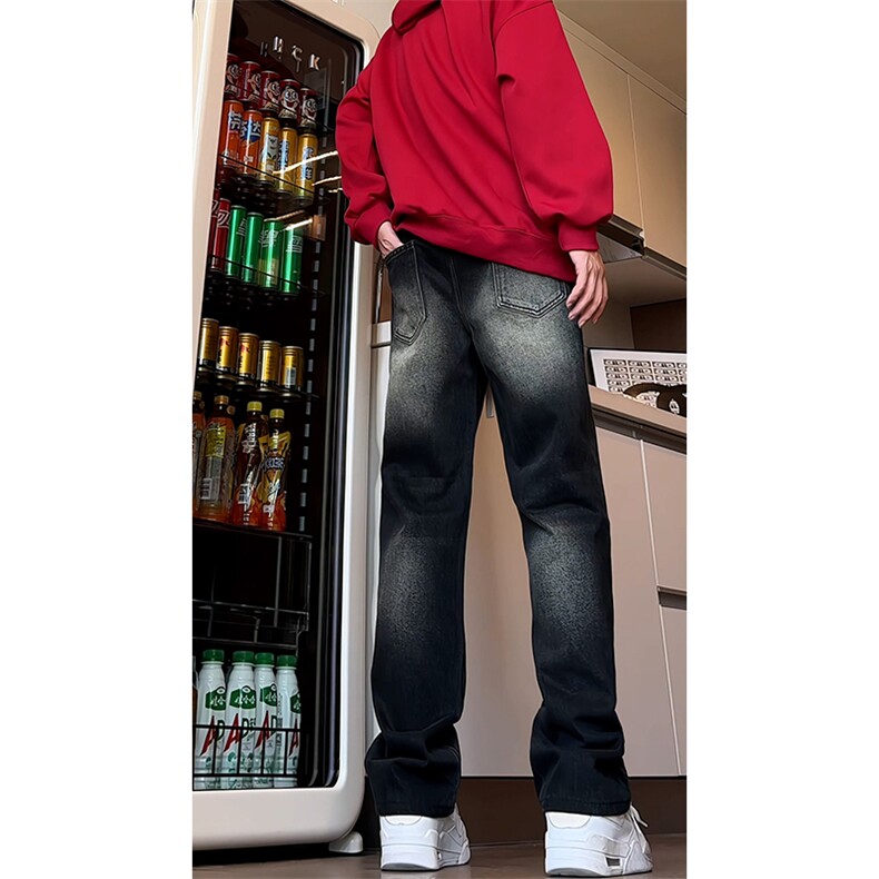 B221美式ins高街暗黑百搭松紧腰直筒牛仔裤LK24247-特P40控68,男装牛仔裤,电商B221