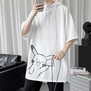 LD54193-P45 连帽短袖t恤男大码胖子带帽五分袖中袖图片