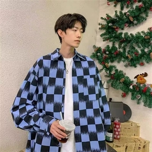 棋盘格衬衫男潮春季美式暗黑系潮流黑白格纹衬衣潮嘻哈休闲外套图片