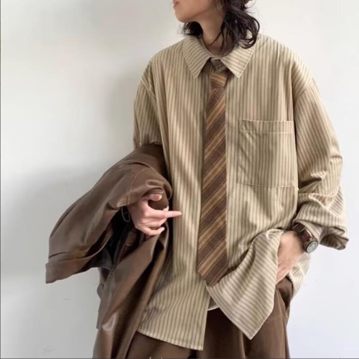 春秋日系复古港风条纹长袖衬衫男女学院风宽松休闲衬衣LJ211-P45,男装衬衫,星座1008